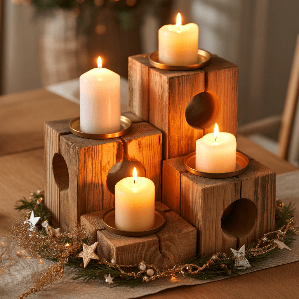 Rustic wooden version of 10 easy DIY New Year centerpieces using candles.
