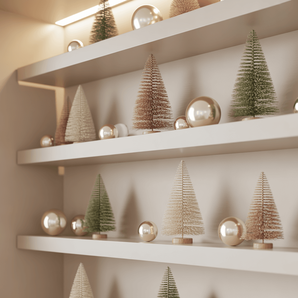  Shelf decorated with pastel mini trees and soft neutral Christmas accents.
