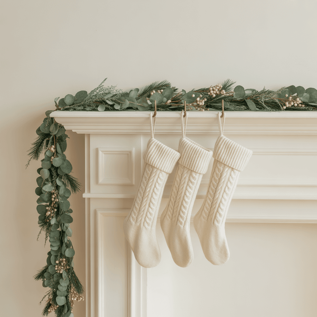  Simple white Christmas mantel decorated with soft greenery and candles