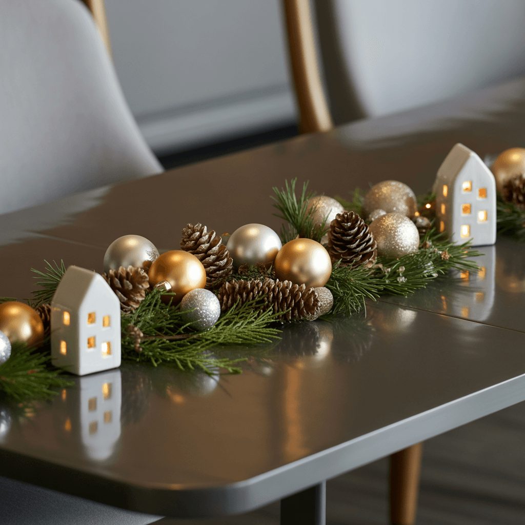 Small Christmas décor items placed subtly on a modern tablescape.