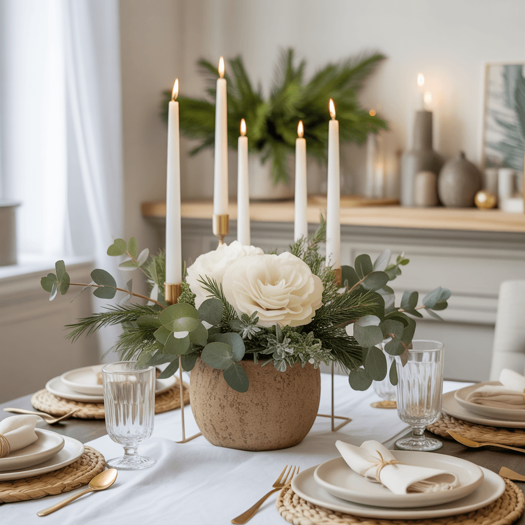 Soft gold accents with greenery centerpiece for New Year
