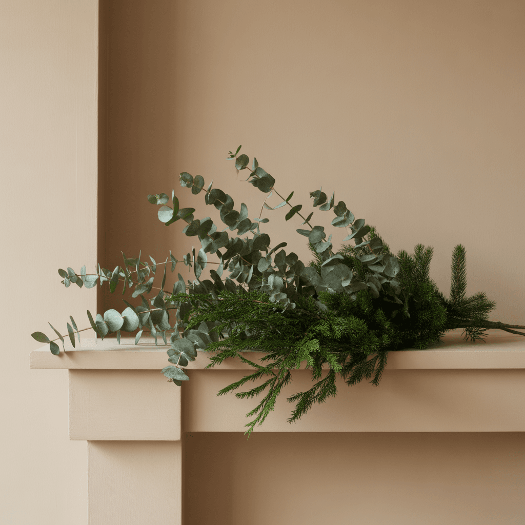 Soft neutral Christmas textures with beige throws and natural materials.