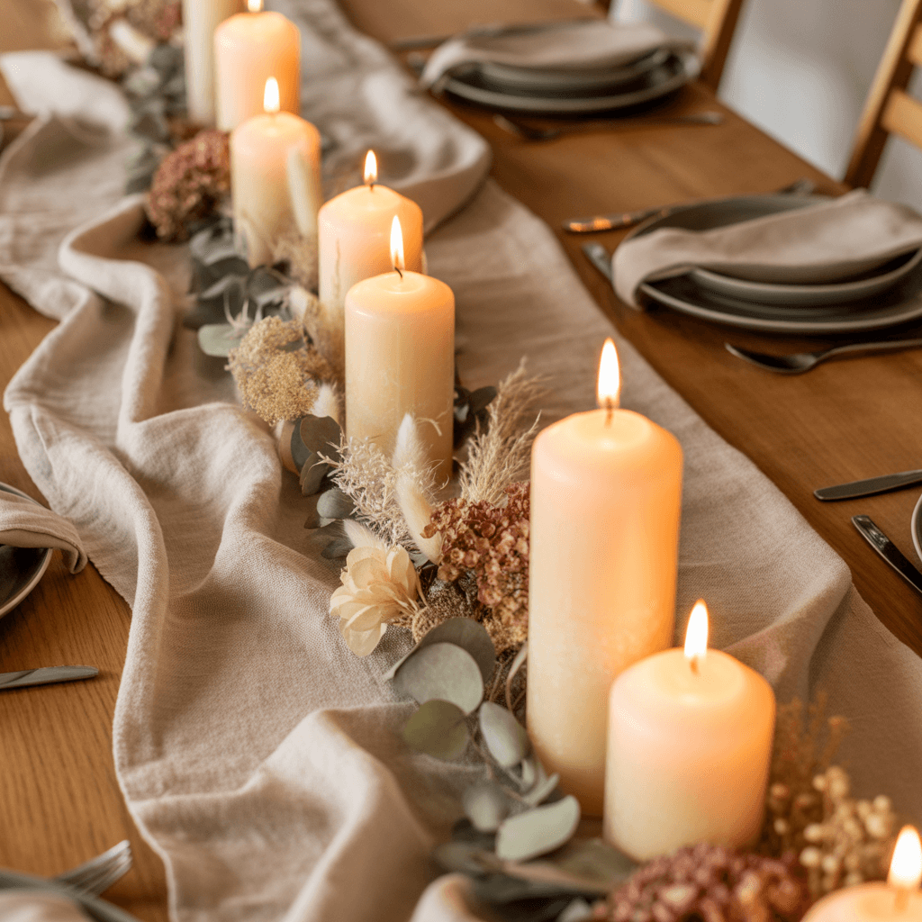 Soft neutral New Year candle decor