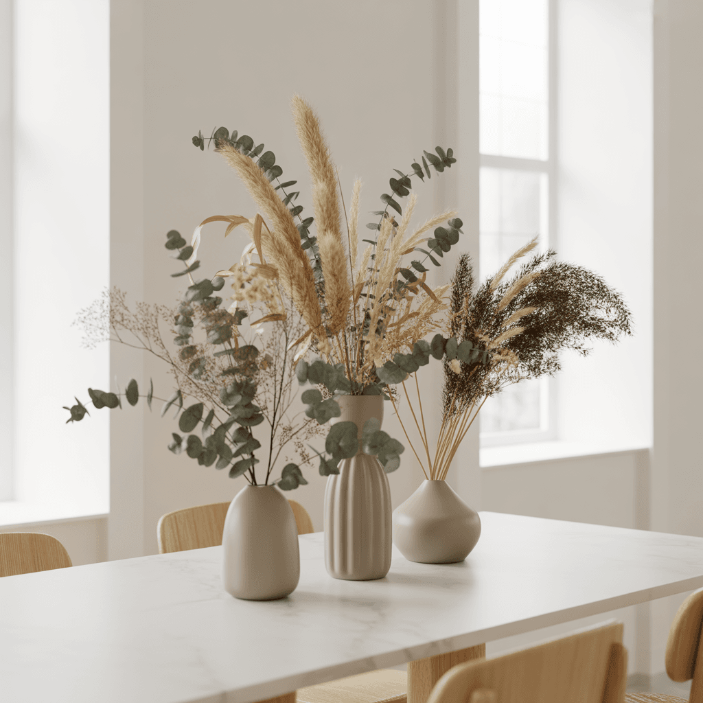 Soft neutral New Year shelf decor