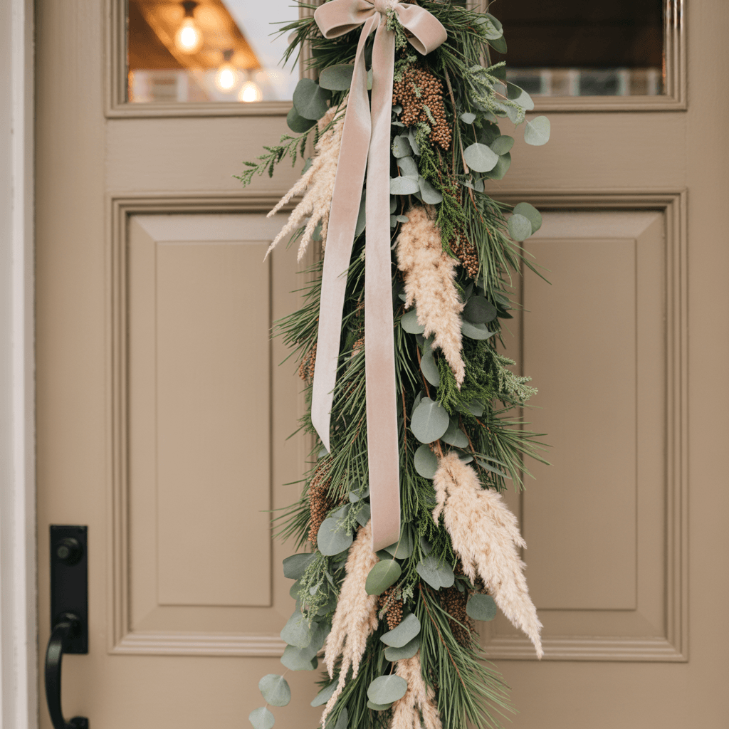 Tall boho natural Christmas garland with seeded eucalyptus and cream pampas grass on front door