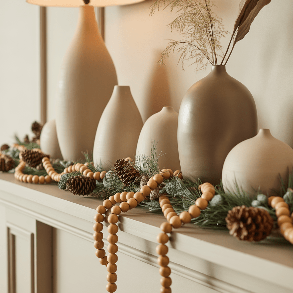 Tall sculptural candles on a modern Christmas mantel.