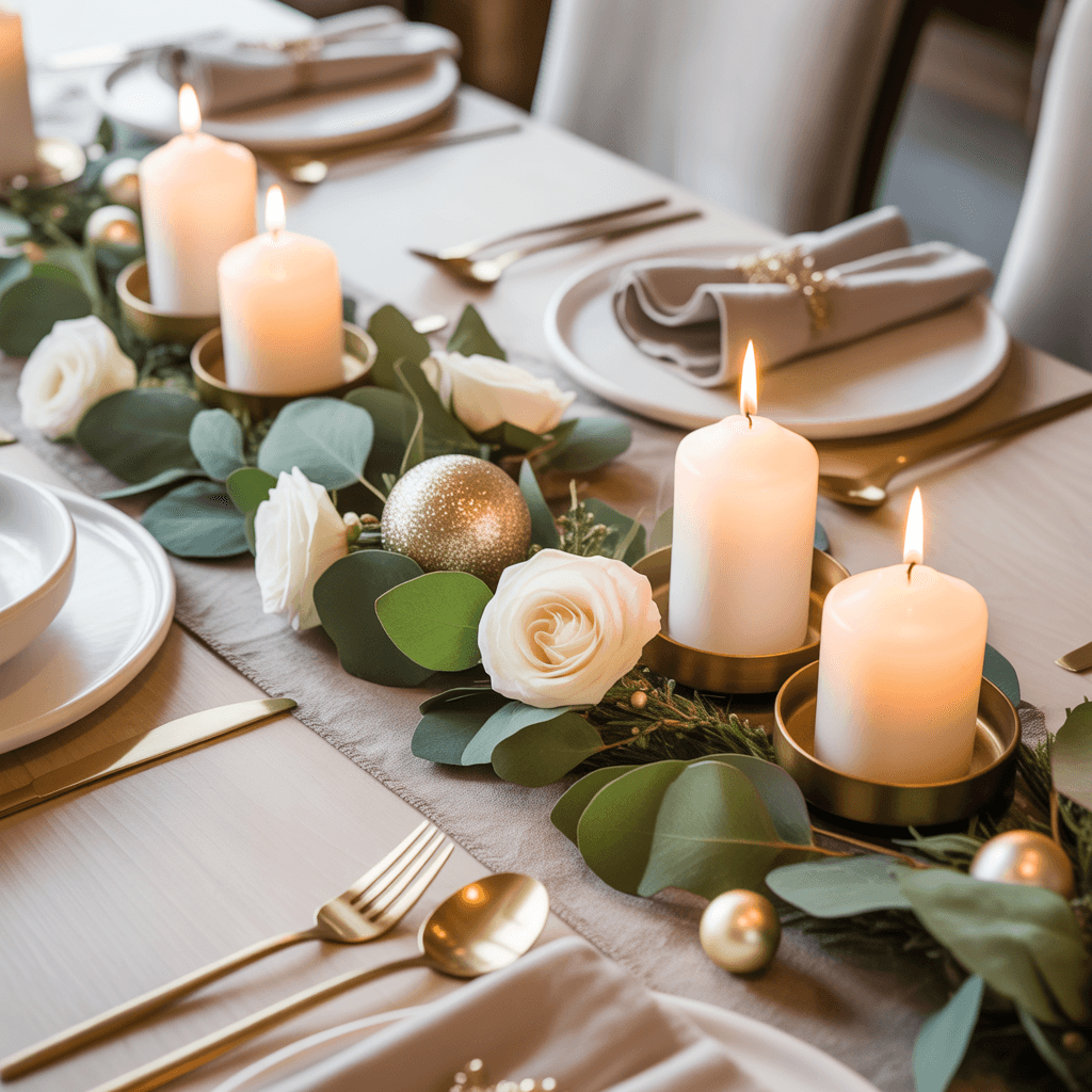 Tall vase centerpiece on a Christmas dining table.