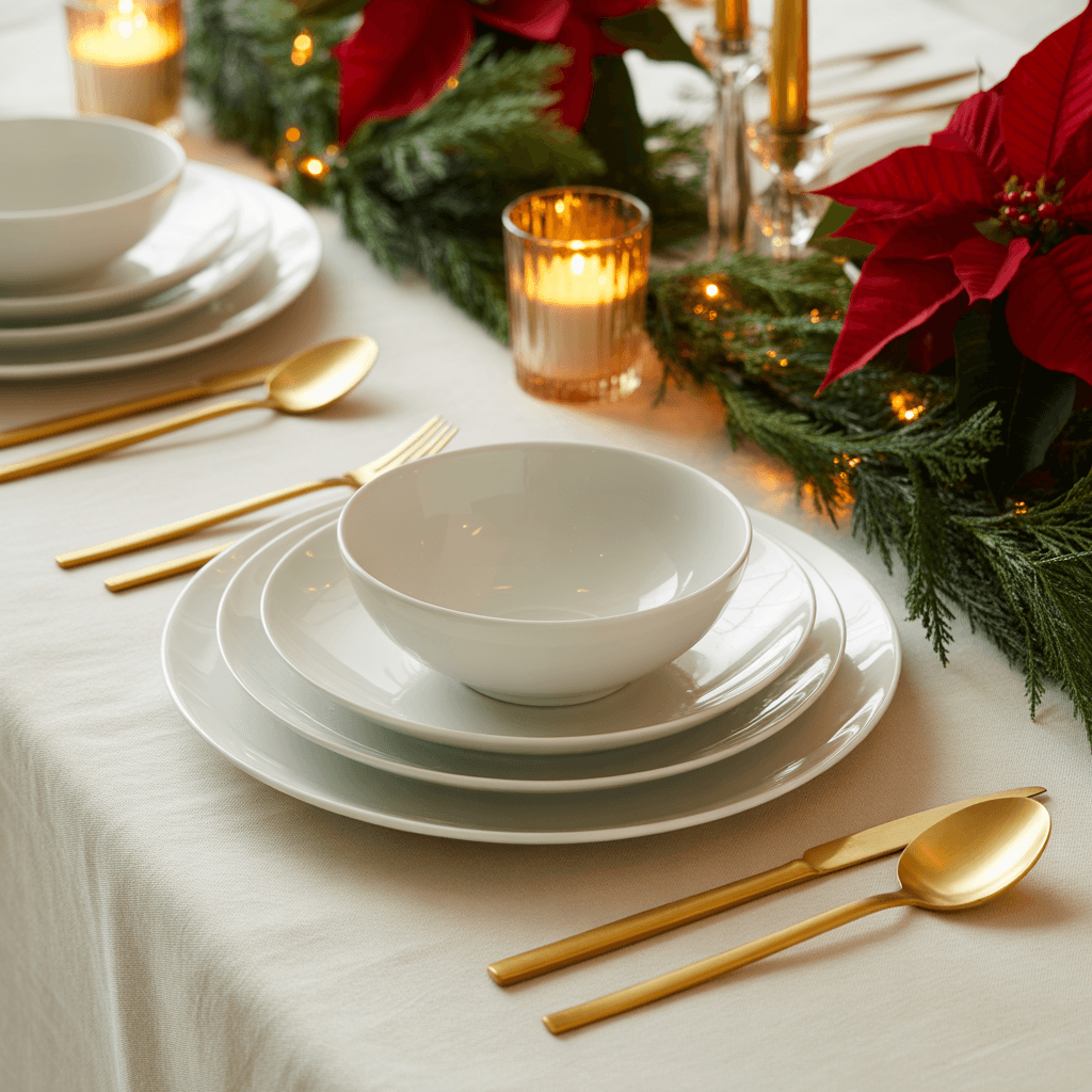 Textured Christmas table décor with linen and woven elements