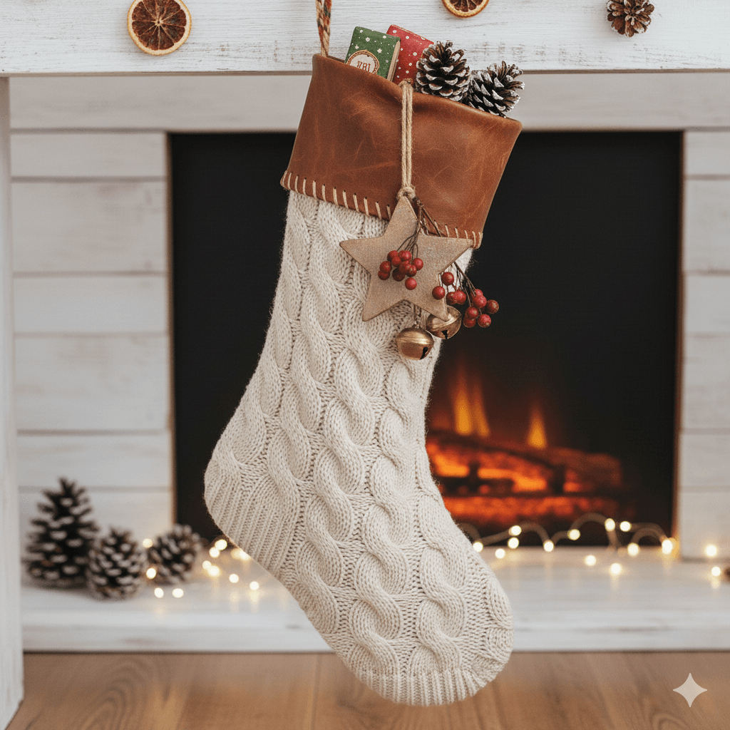 Upcycled sweater Christmas stocking with leather cuff.