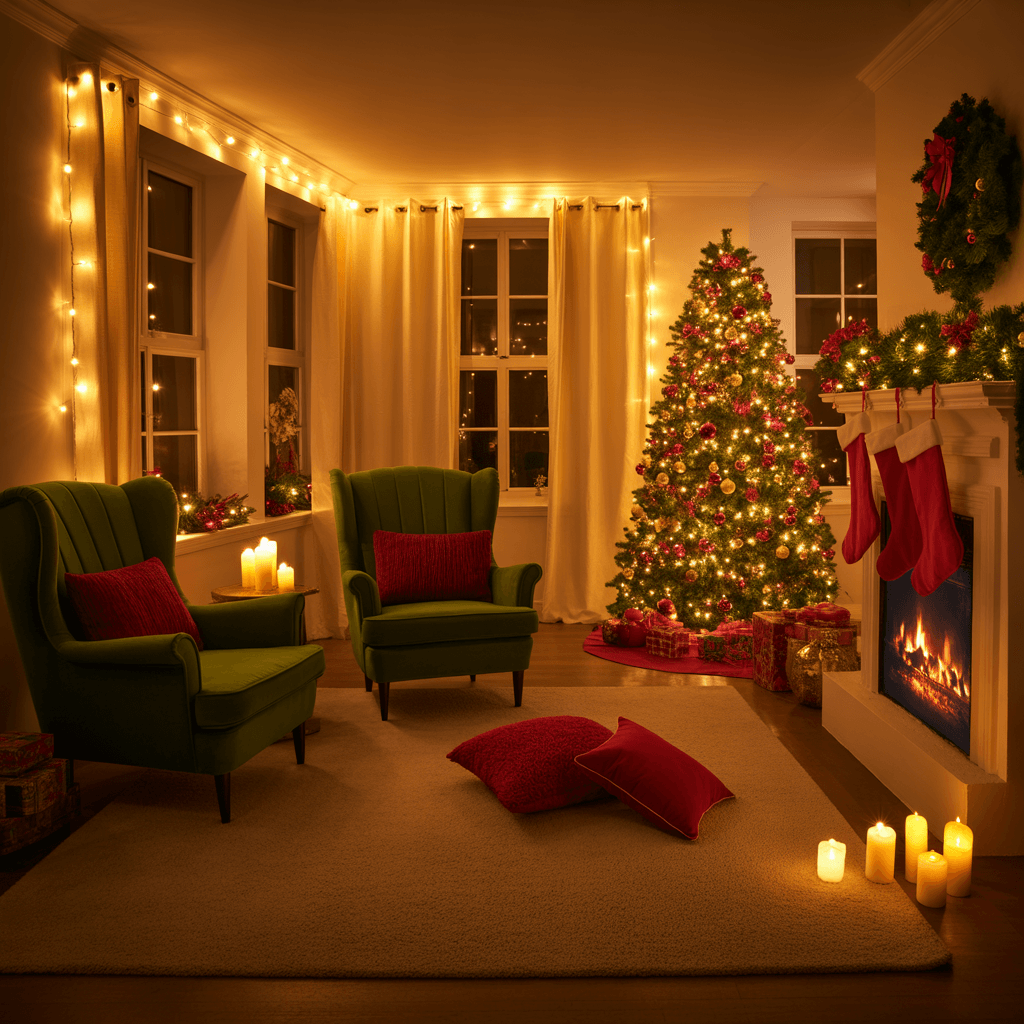 Warmly lit Christmas scene with modern red and green decorations