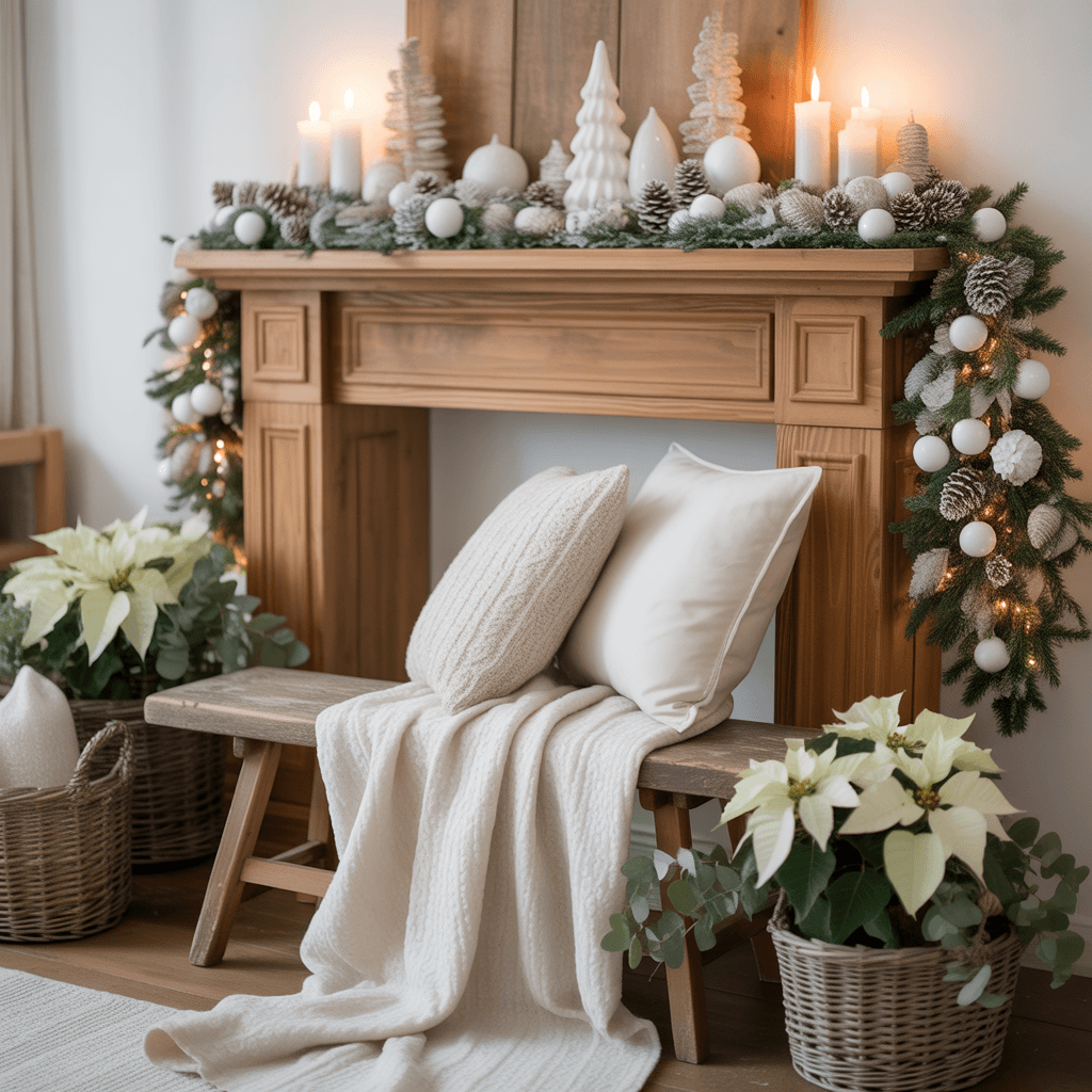 White Christmas decorations styled with wooden accents for warmth