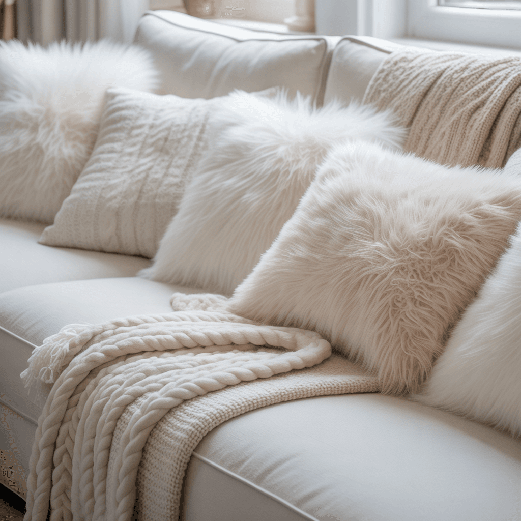White Christmas living room with cozy knit and faux fur textures