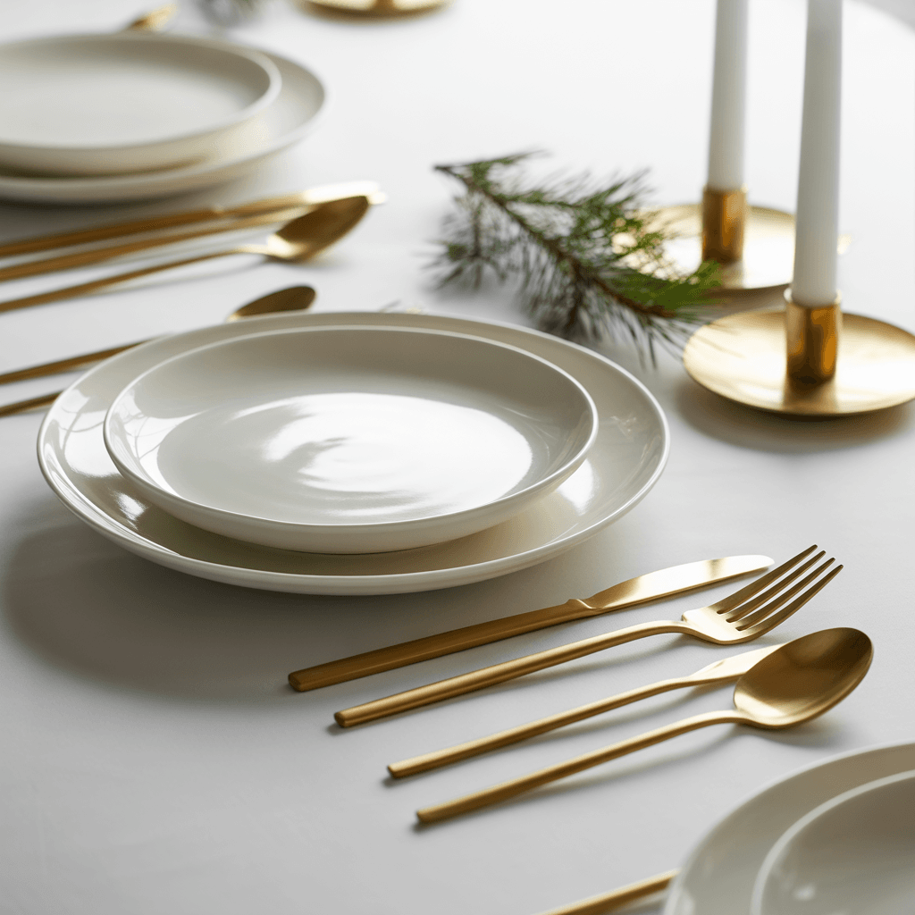 White plates and gold flatware styled for a modern Christmas tablescape.