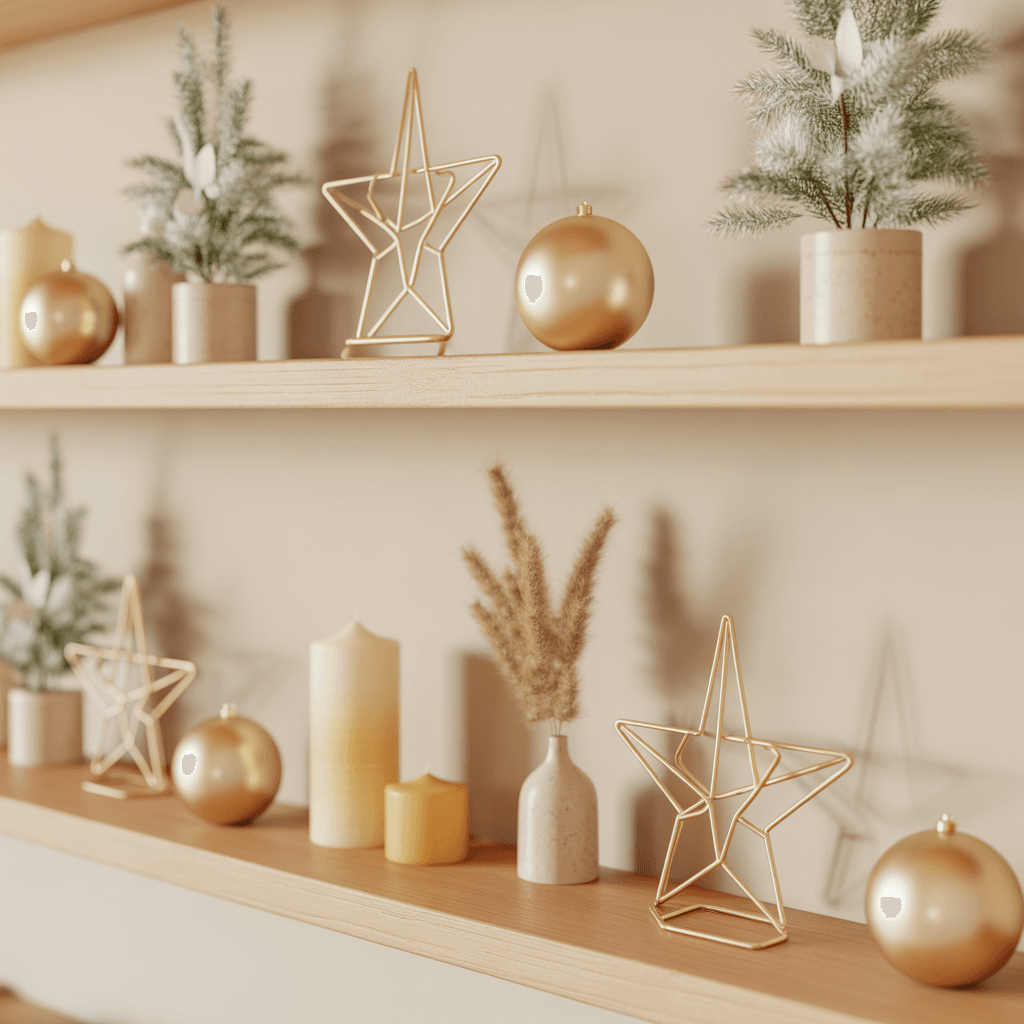 Wood and natural textures styled with neutral beige Christmas décor.