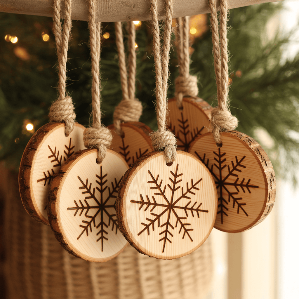 Wood slice Christmas ornaments with rope hangers.