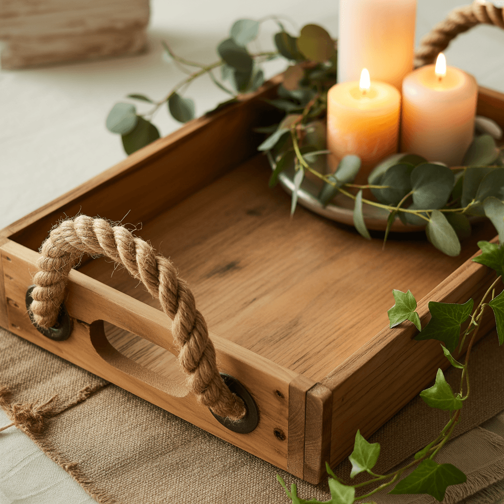 Wooden tray with rope handles decorated for Christmas.