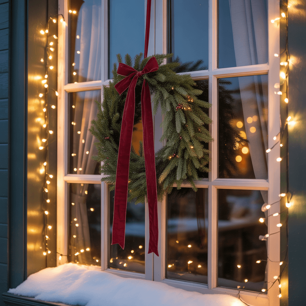 cozy Christmas window decorated with wreath and warm lights