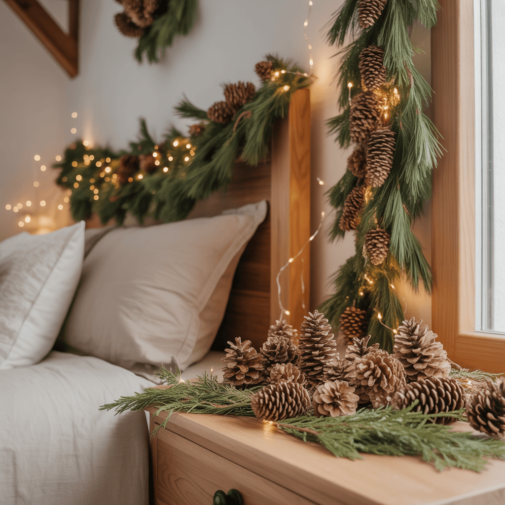 cozy bedroom decorated with natural pine garland and pinecones for Christmas