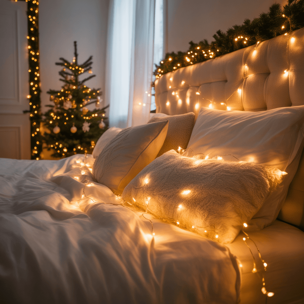 cozy holiday bedroom glowing with warm fairy 