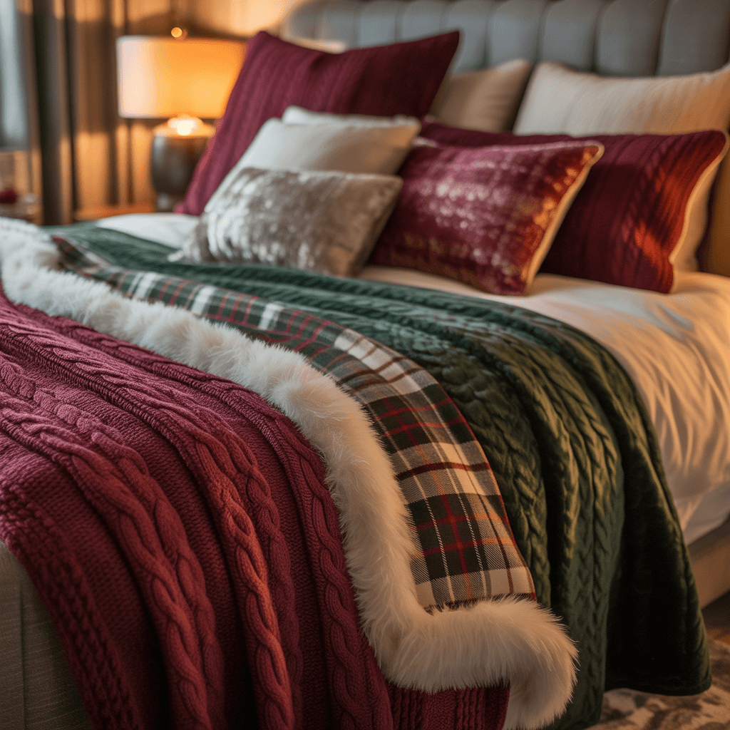 cozy winter bedroom with layered textures for Christmas décor