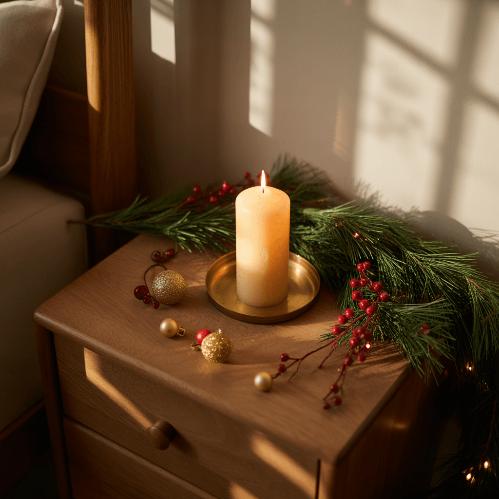 festive nightstand decorated with candle, mini wreath, and holiday accents