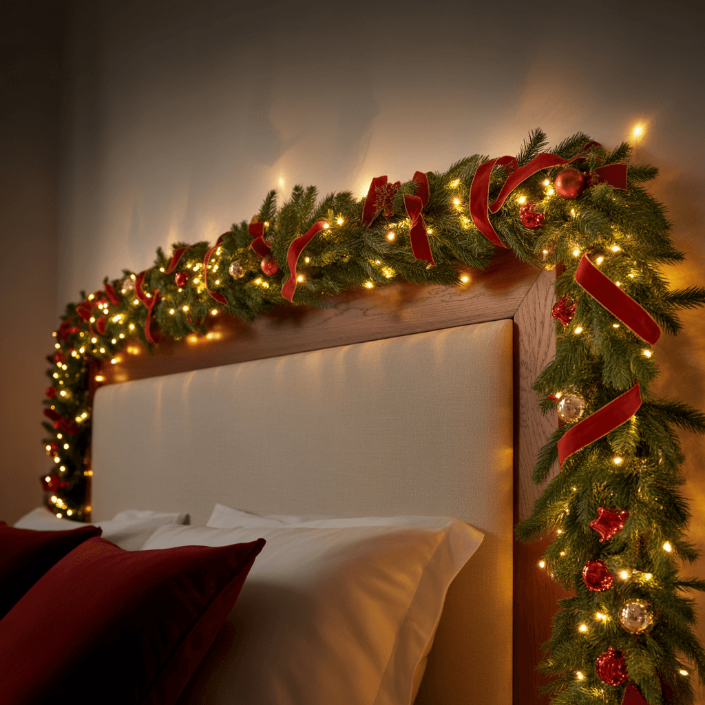 headboard decorated with Christmas garland and fairy lights