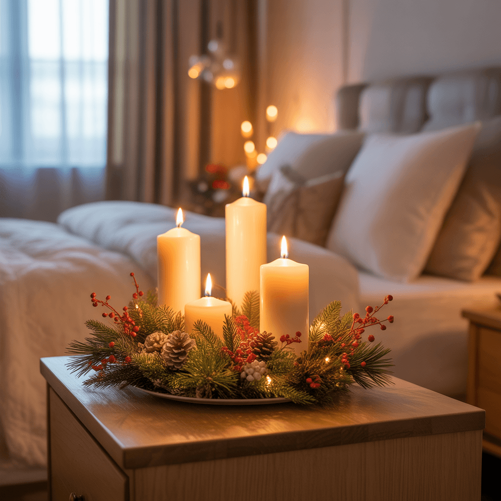 holiday bedroom styled with Christmas candle and pine scent décor