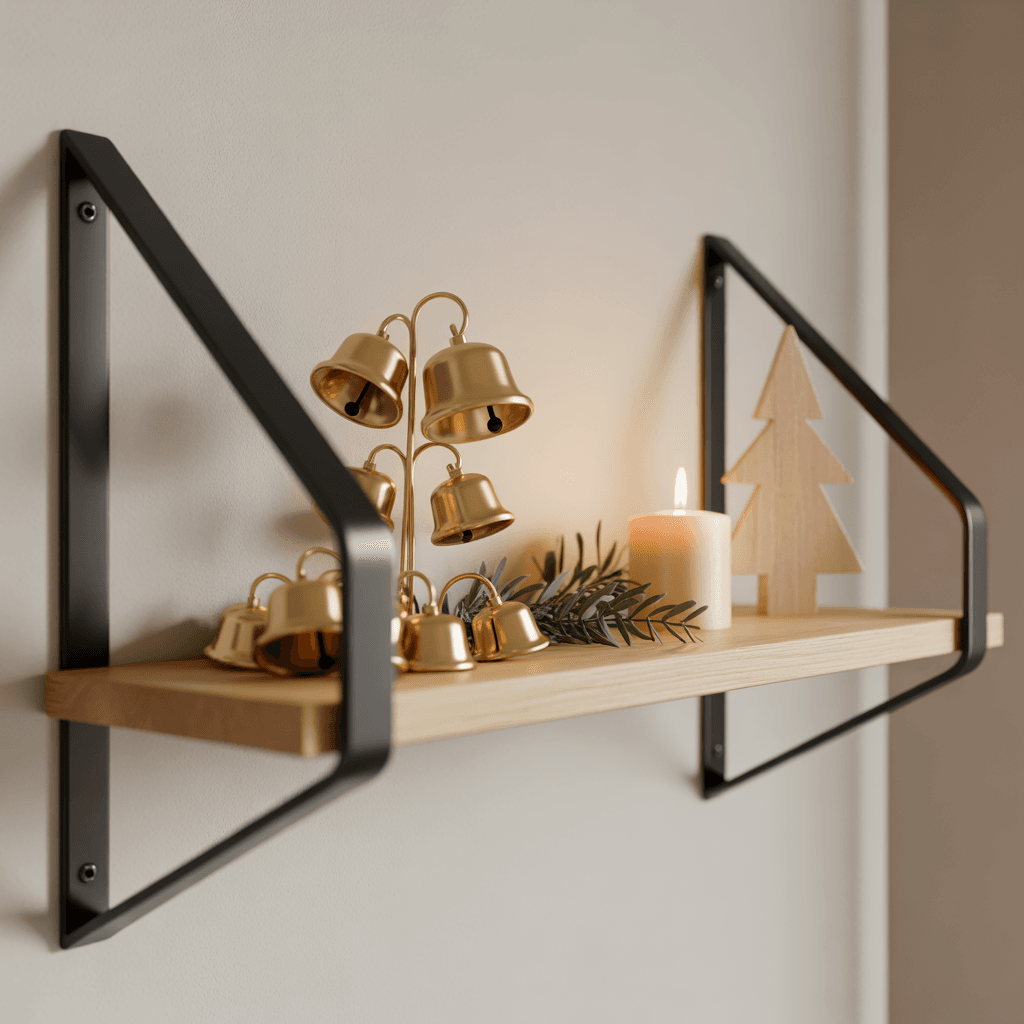 matte black candle holders and brass bells arranged on a minimal holiday shelf