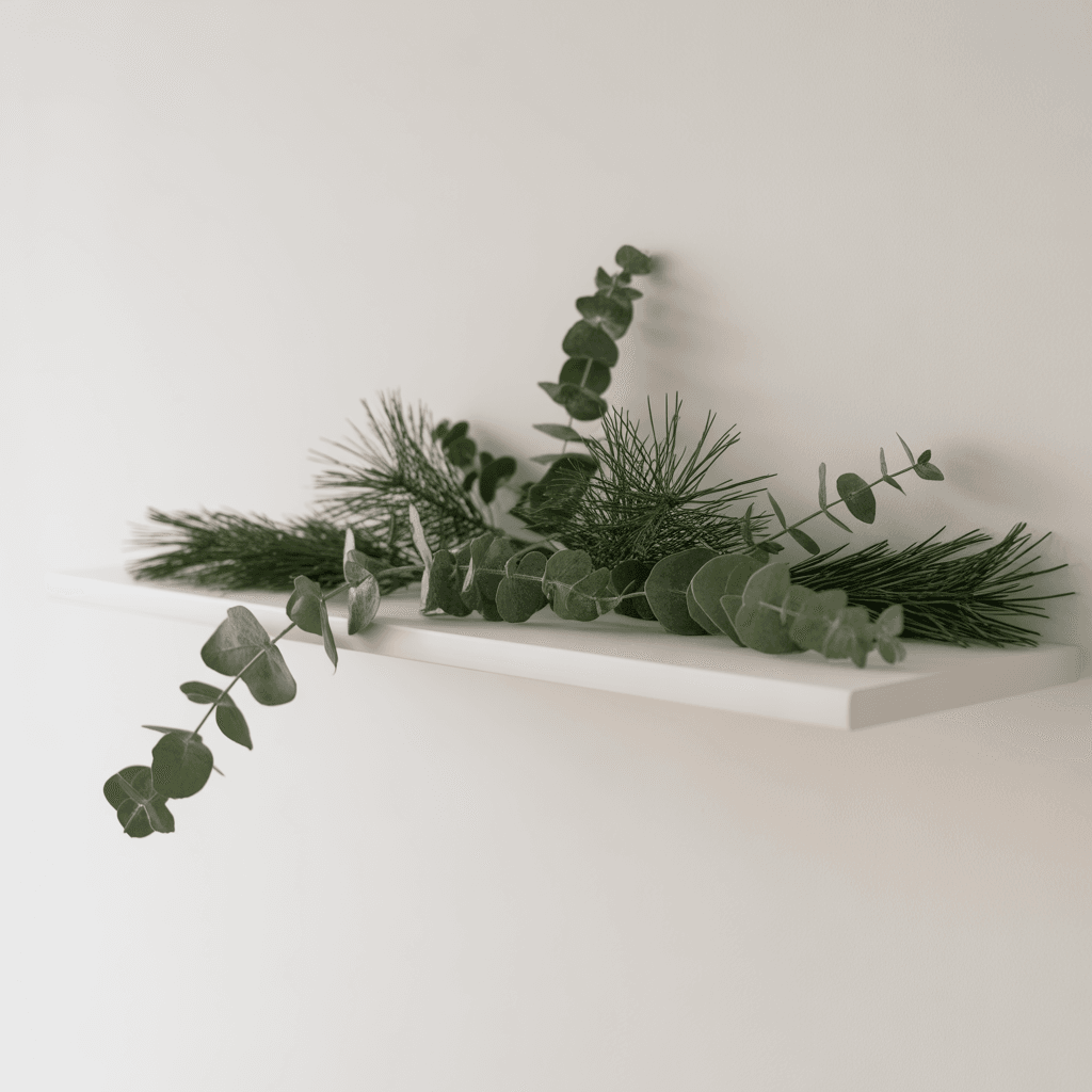 minimal Christmas greenery displayed on a wooden shelf