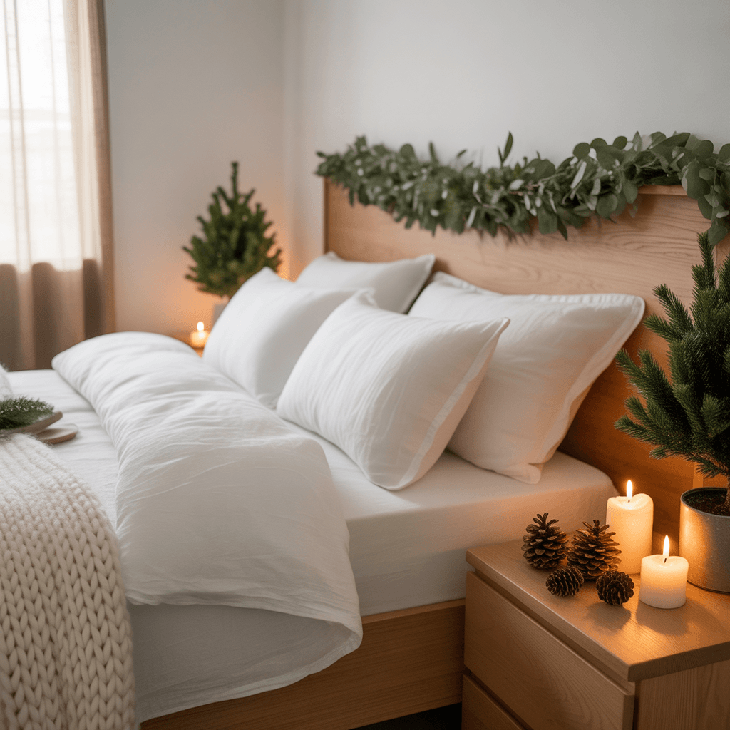 minimalist Christmas bedroom decorated with warm textures and glowing fairy lights