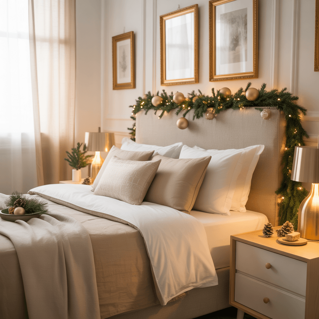 modern Christmas bedroom with neutral and gold festive color palette