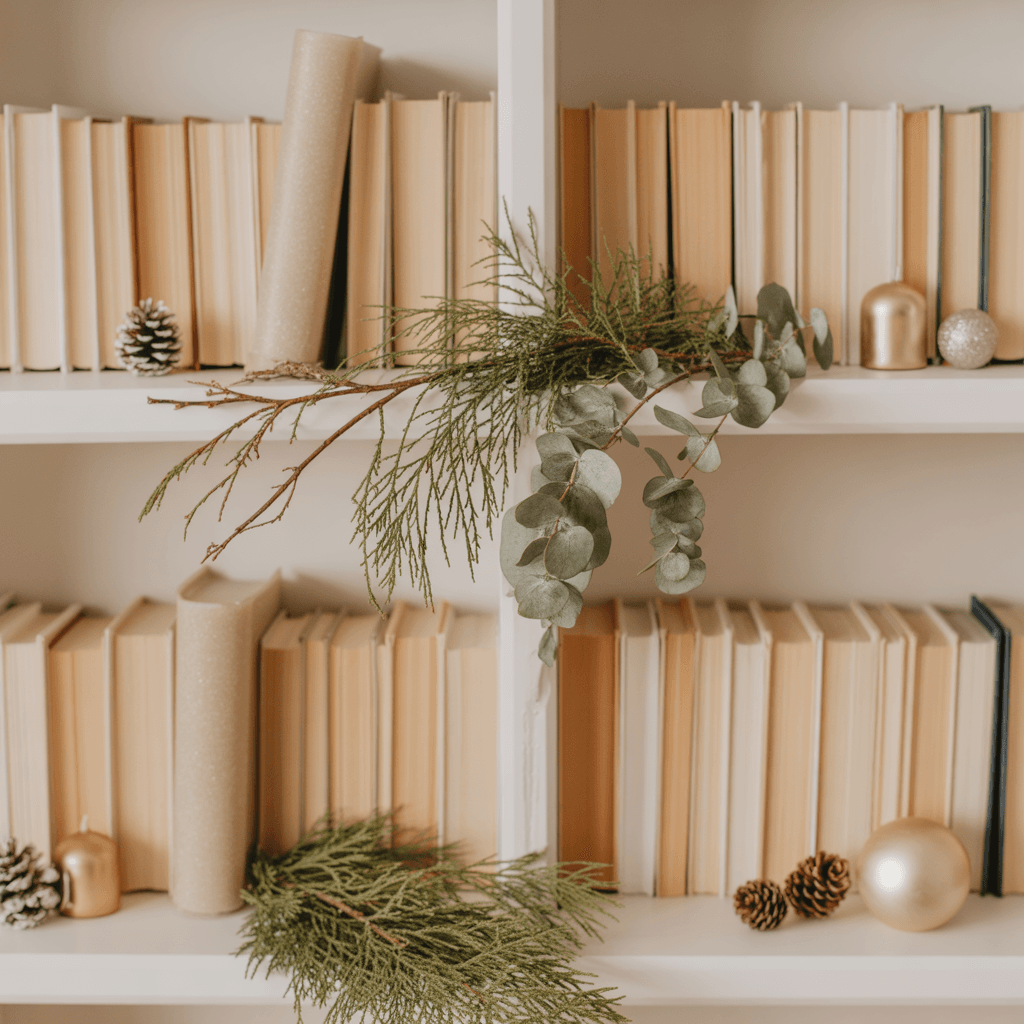 neutral stacked books decorated with small minimal Christmas ornaments