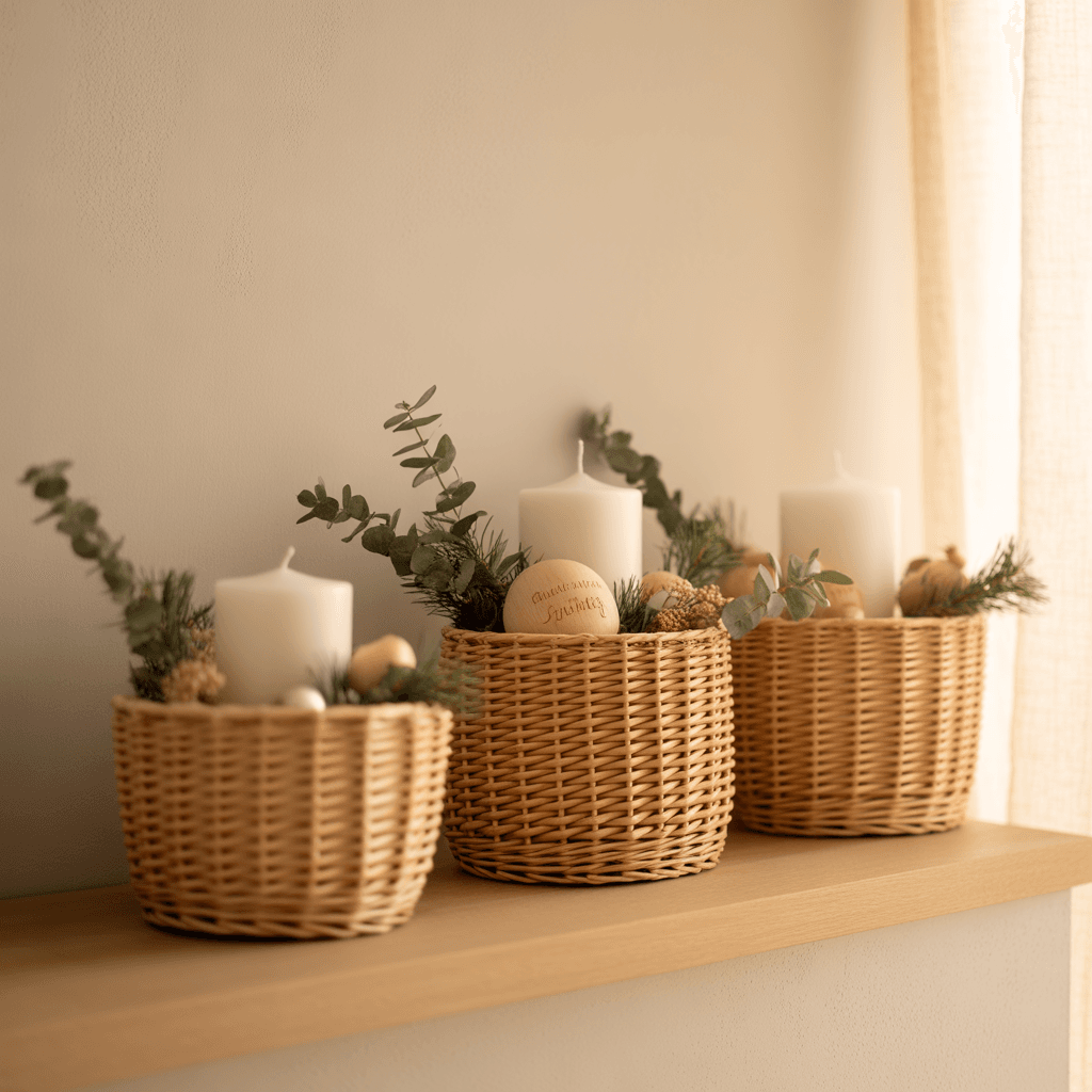 neutral woven baskets used as hidden storage on a Christmas-themed shelf