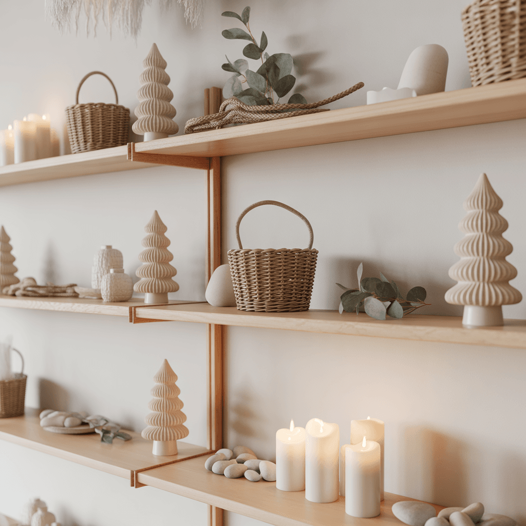 shelf styled with a calm neutral Christmas color palette of white, wood, and soft green