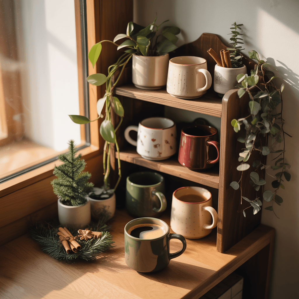 small Christmas-themed coffee corner decorated with holiday mugs