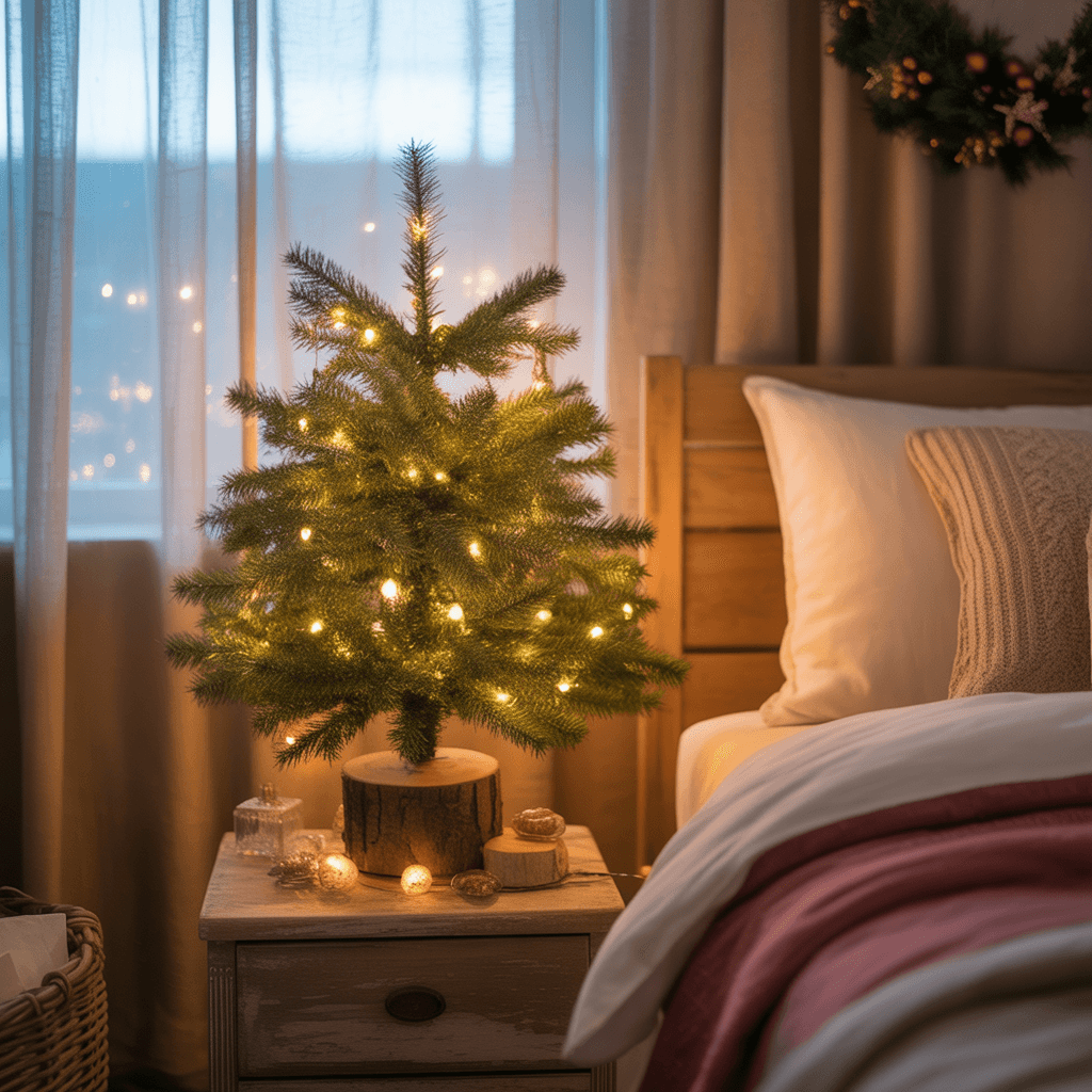 small Christmas tree decorated in a cozy holiday bedroom