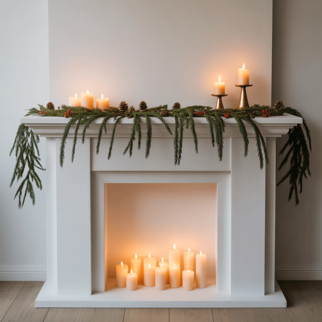 small faux fireplace decorated for Christmas in a cozy tiny space