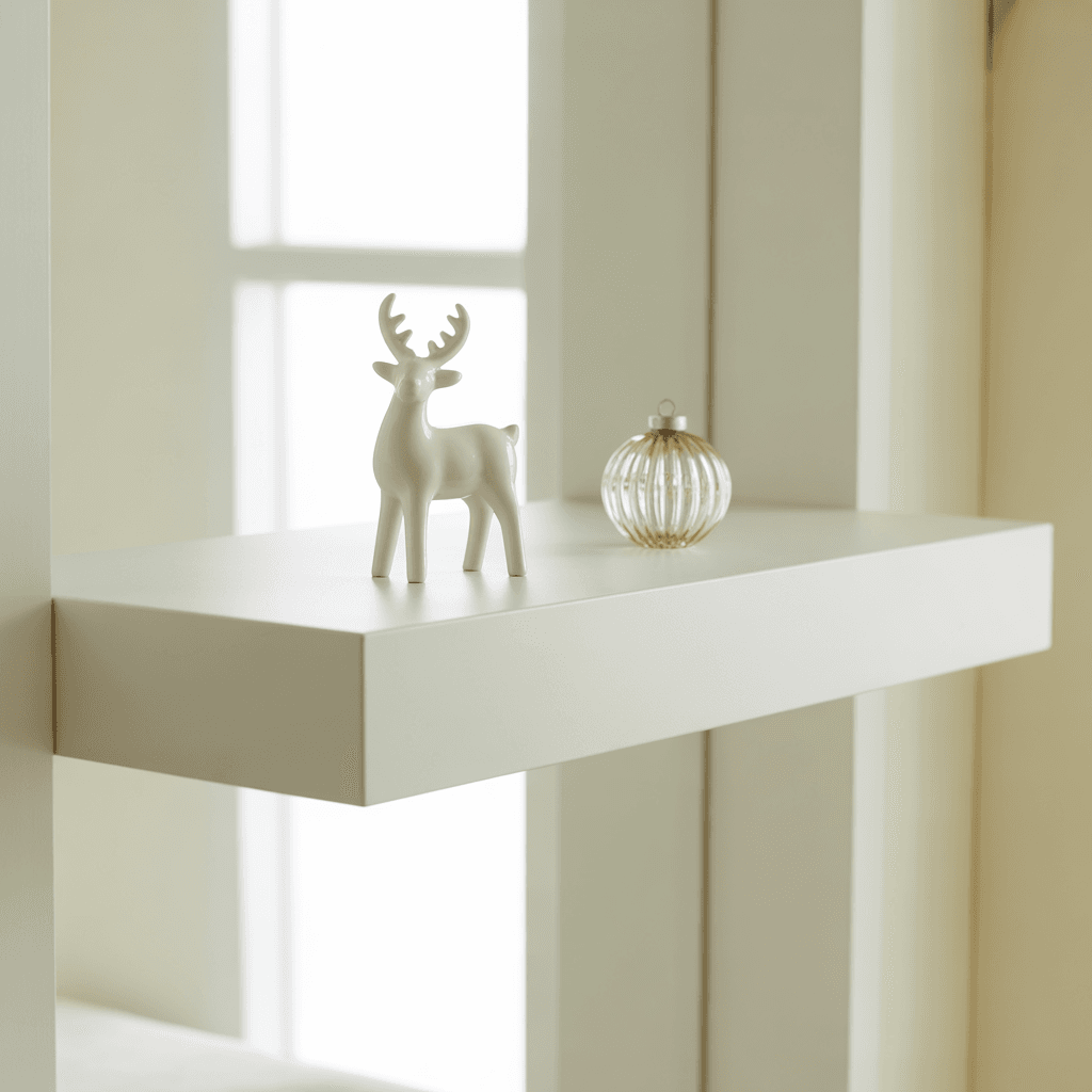 ultra-minimal Christmas shelf with intentional empty space and a single curated item