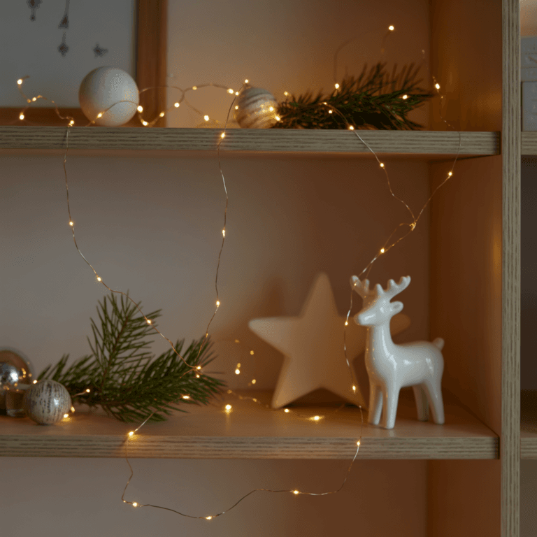 warm fairy lights softly illuminating a minimal Christmas shelf setup