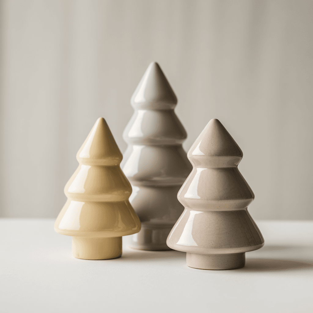  white ceramic minimalist Christmas trees styled on a wooden shelf