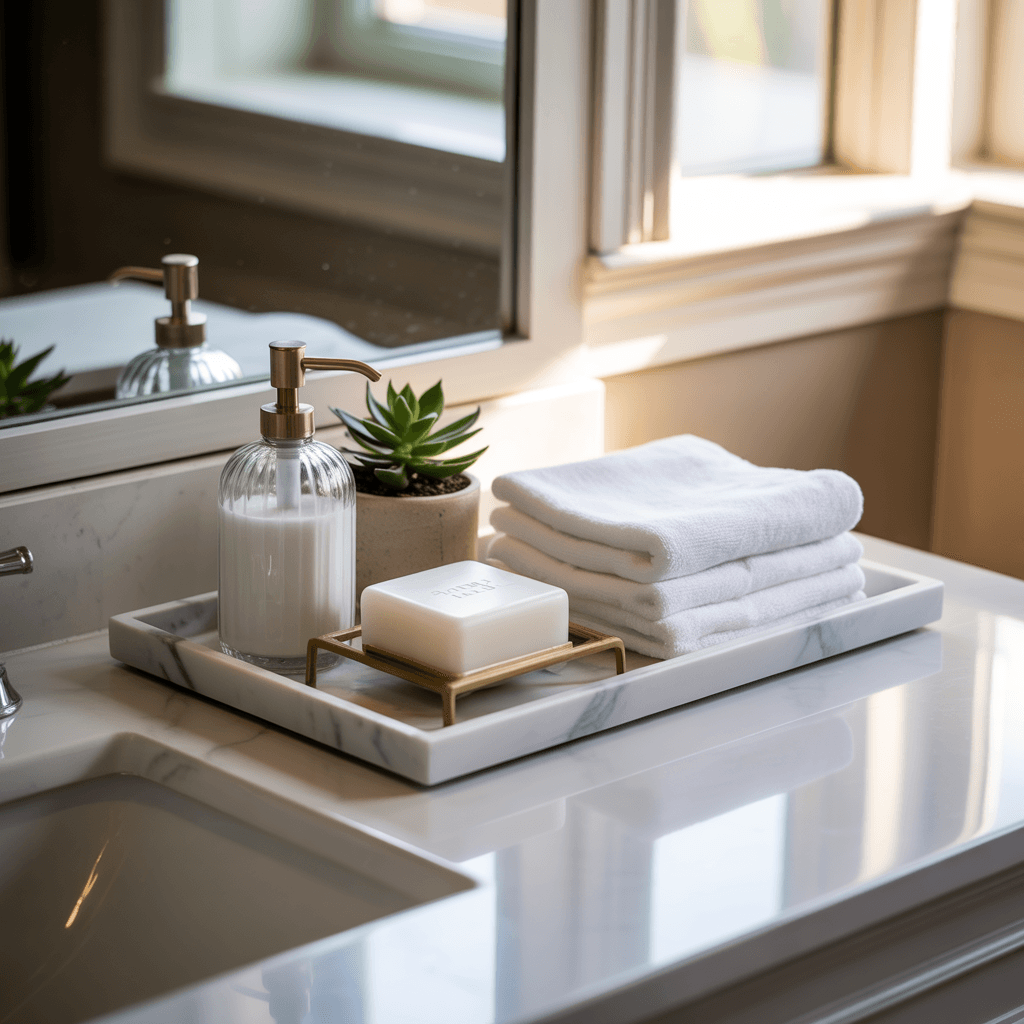 Affordable bathroom decor upgrade using vanity tray