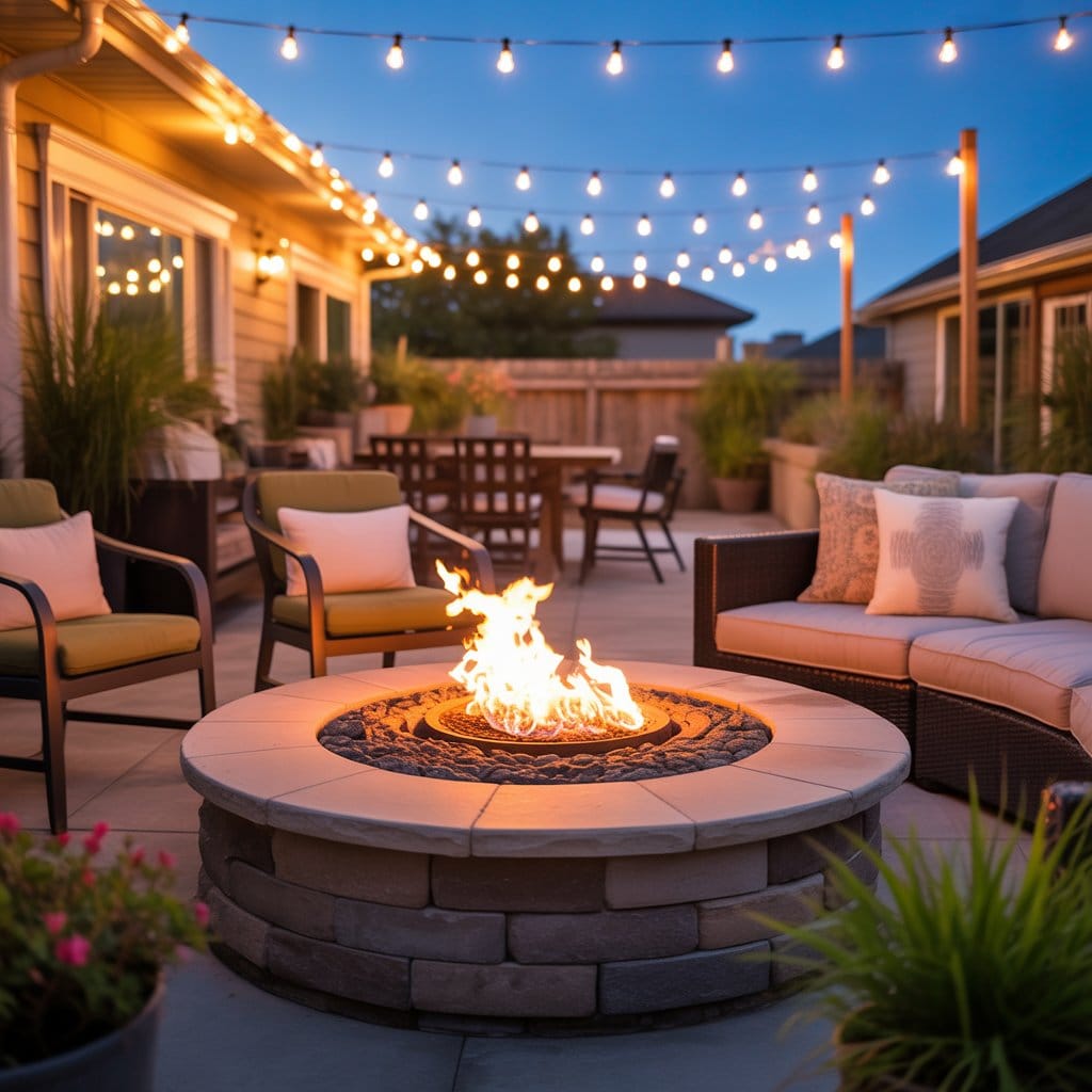 Backyard patio concept with fire pit