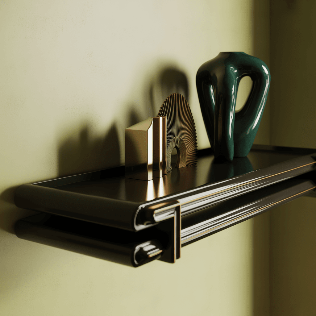 Bold decor pieces used in modern Art Deco shelf styling