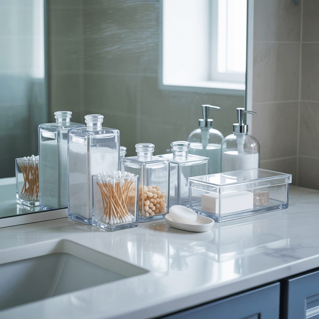 Clear containers for bathroom organization