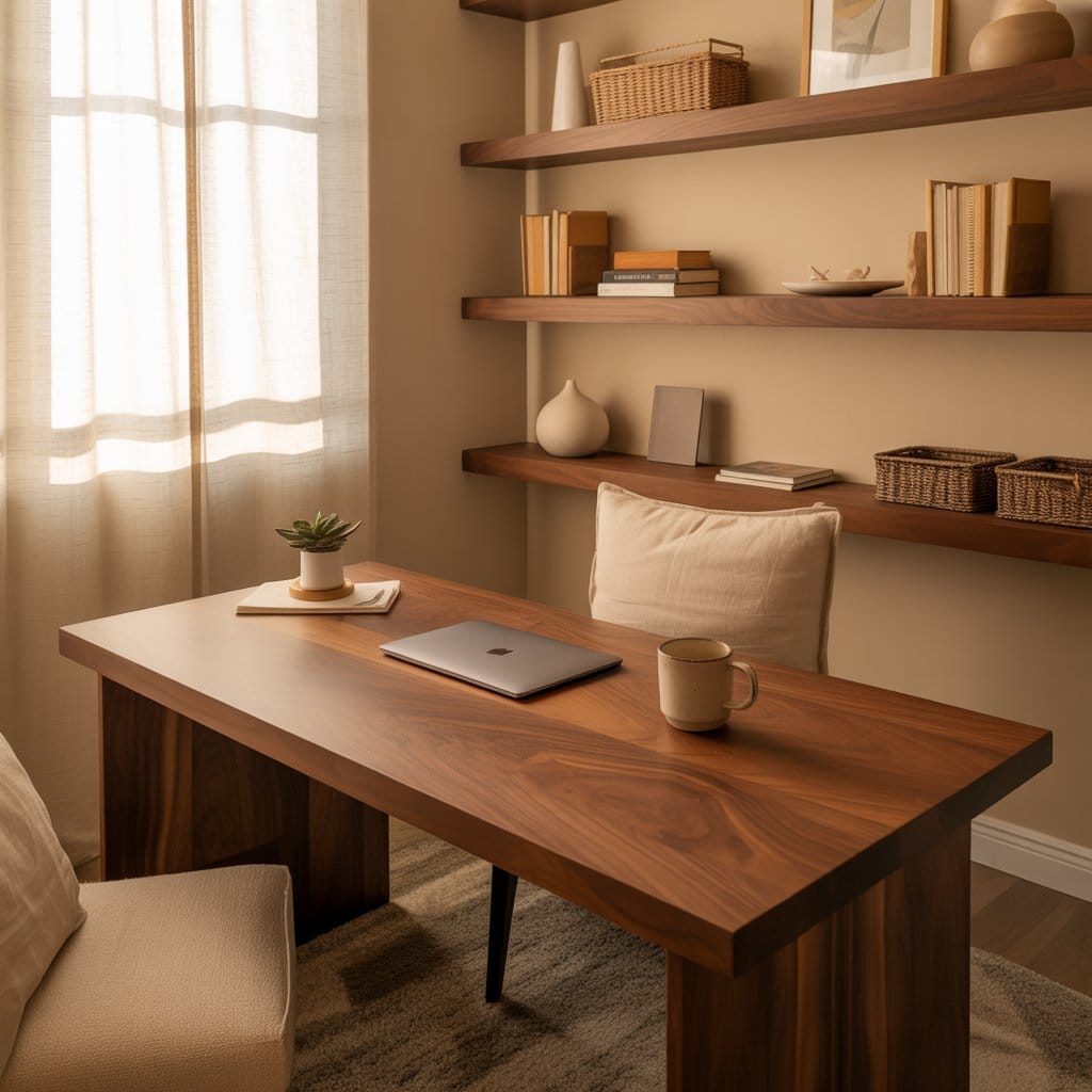 Cozy home office decor with wooden elements