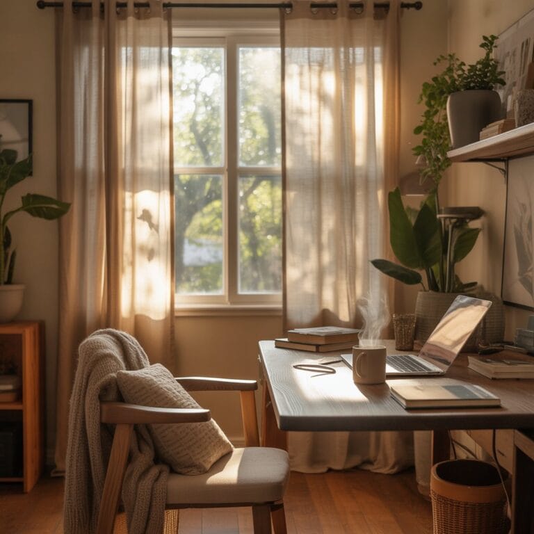 Cozy home office with soft window treatments