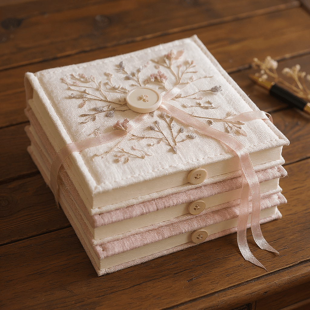 DIY soft fabric decor journals with linen fabric covering and pressed flower embellishments