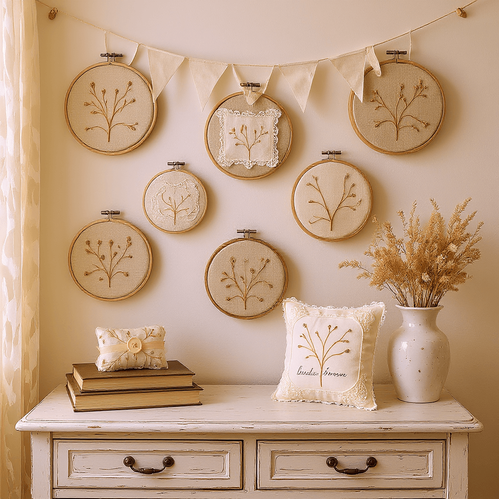DIY soft fabric decor wall art featuring embroidery hoops and textile banners for poetcore bedroom