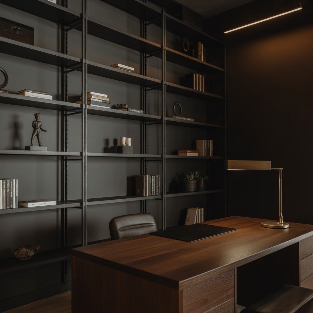Dark home office idea with black metal accents