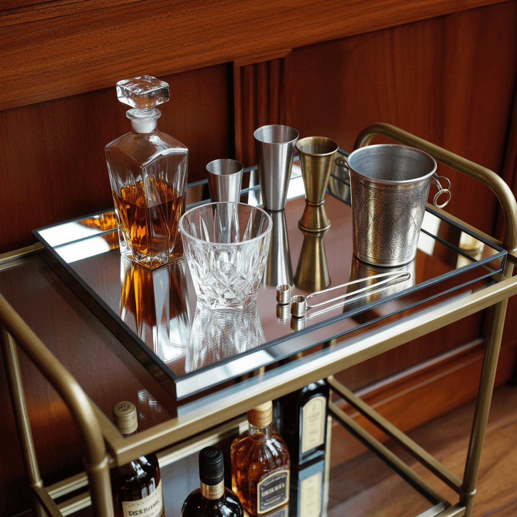 Decorative tray used in DIY bar cart styling with Art Deco flair